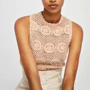 SOLD!! Women's Mango MNG 100% Cotton Crochet Top Soft Taupe; $50 NEW NWT